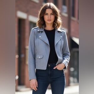 NWT BB Dakota Faux Suede Heather Blue Moto Jacket, Size Small